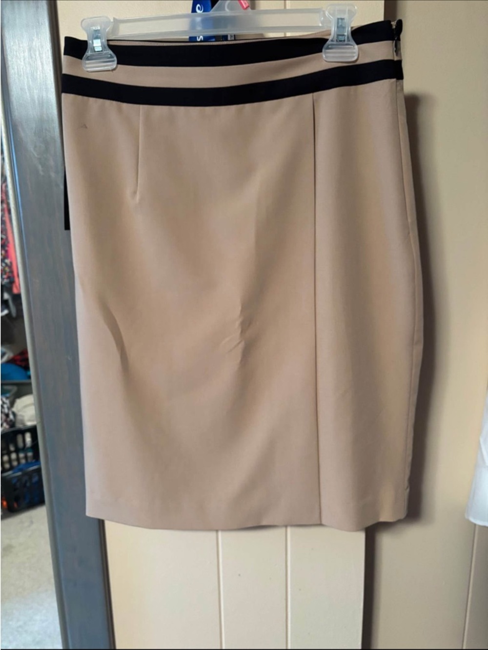Beige Pencil Skirt with Black Waistband